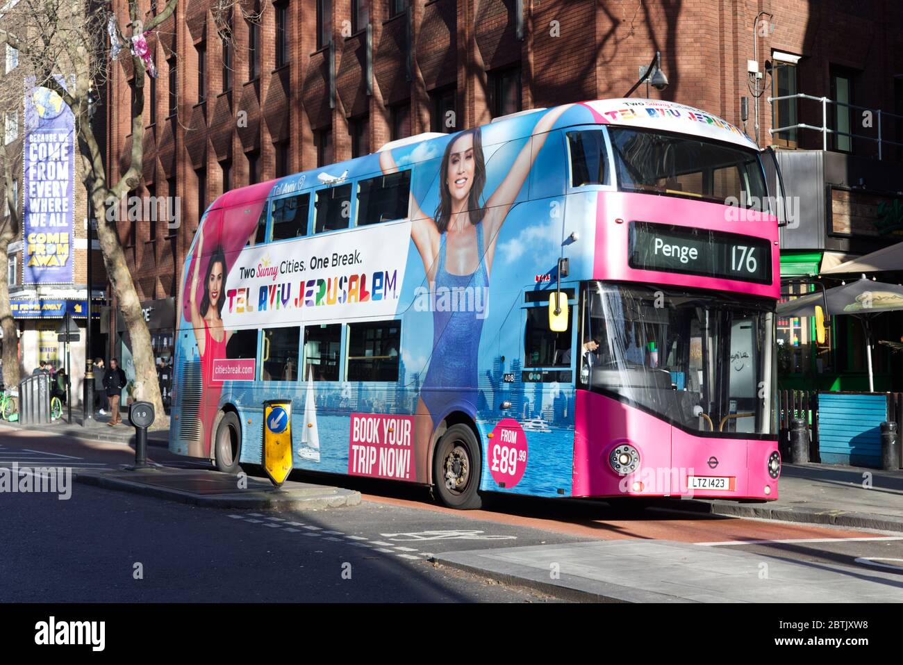 come from away poster, with bus advertising trips to Tel Aviv Jerusalem  Stock Photo - Alamy