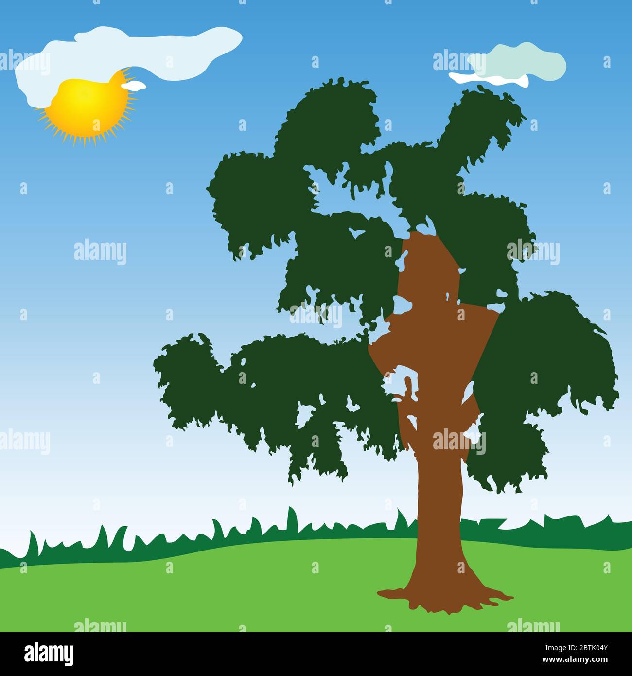 tree with green leave vector illustration on blue with sun Stock Vector