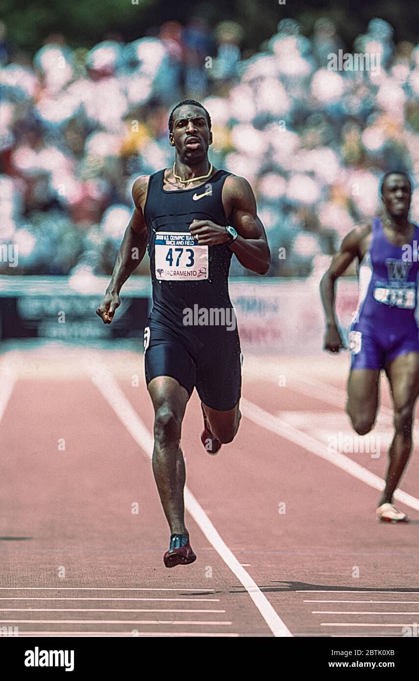 Michael Johnson (USA) competing in the  400 meters Final  at the 2000 US Olympic Track and Field Team Trials Stock Photo