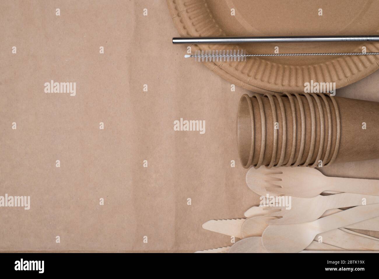 Say no to plastic. Top above overhead view photo of wooden cutlery