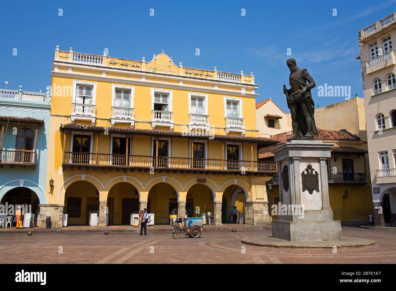 Statue of Pedro de Heredia in Plaza de Los Coches, Old Walled City District, Cartagena City, Bolivar State, Colombia, Central America Stock Photo