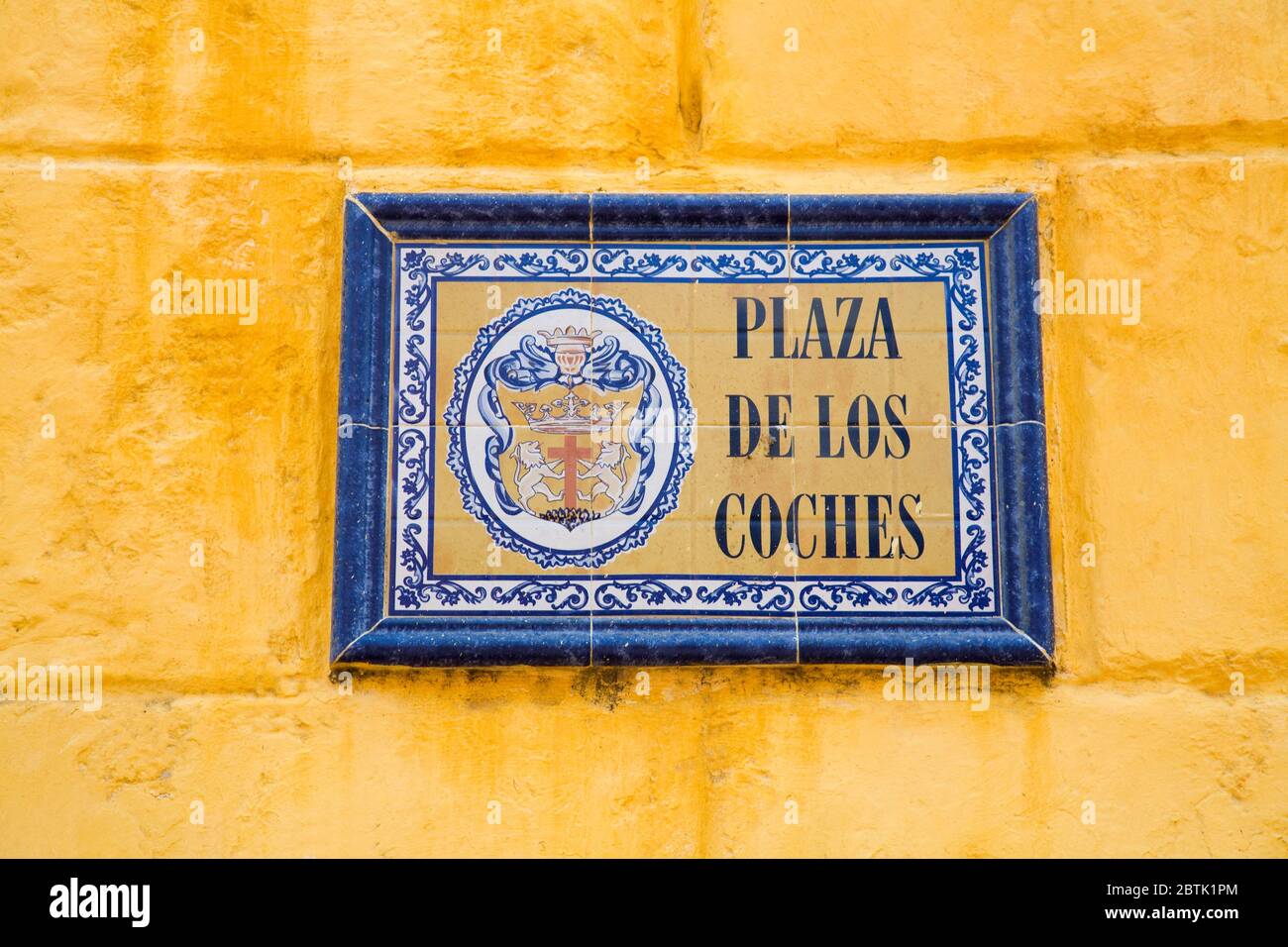 Plaza De Los Coches Sign, Old Walled City District, Cartagena City, Bolivar State, Colombia, Central America Stock Photo