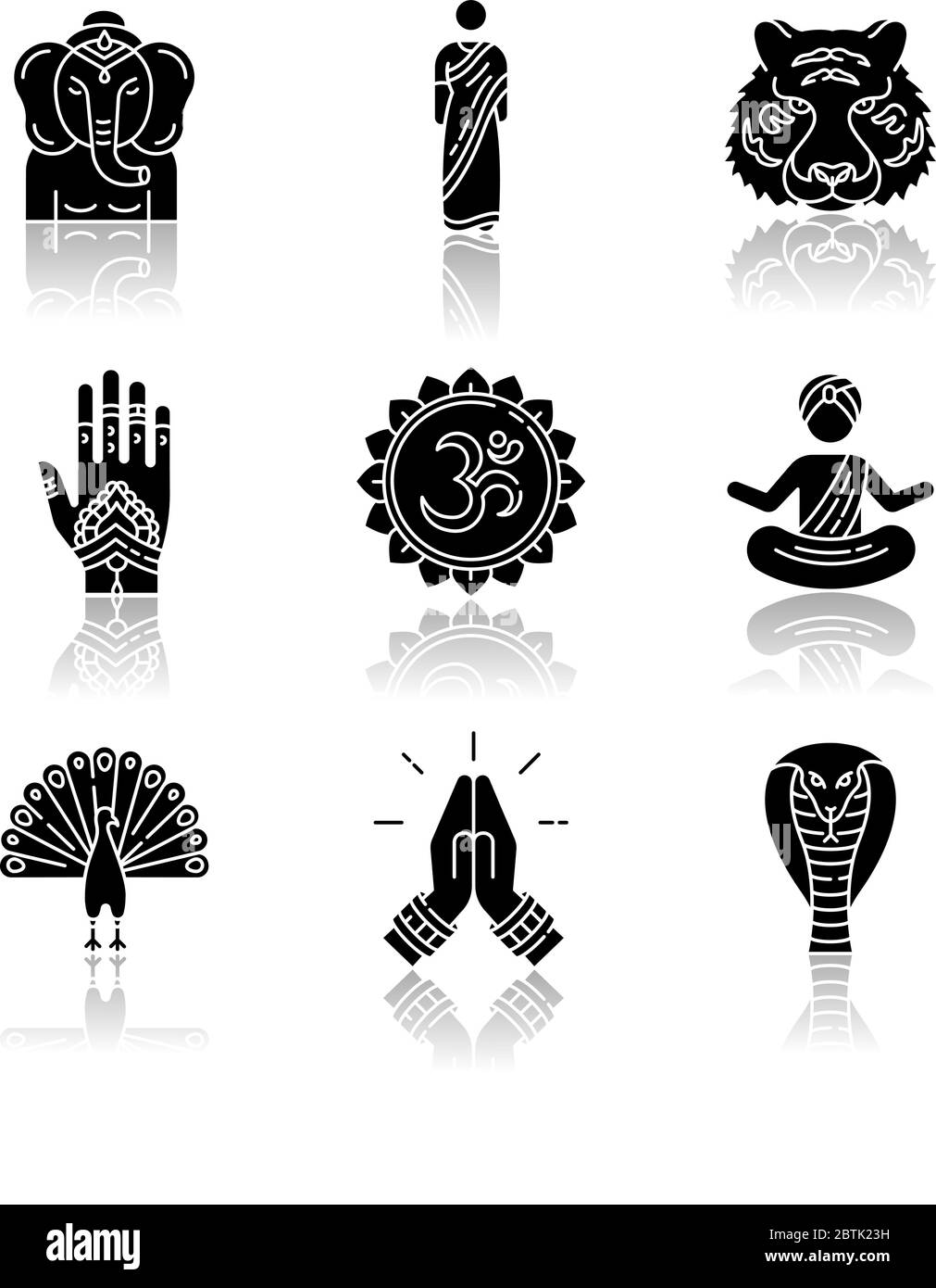 Indian spiritual symbols drop shadow black glyph icons set Stock Vector