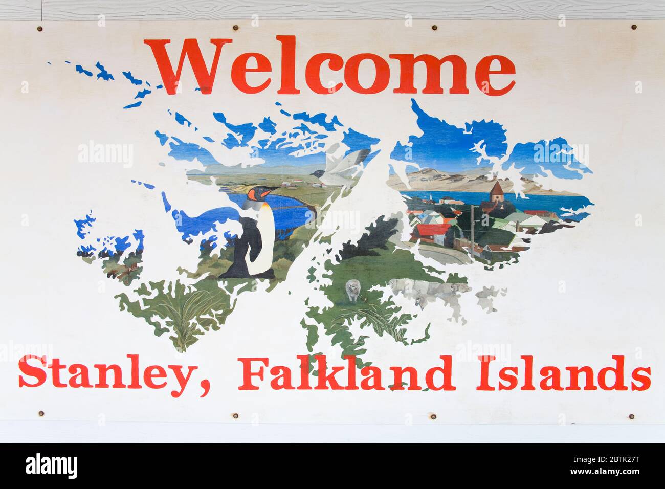 Welcome sign in Port Stanley, Falkland Islands (Islas Malvinas), United Kingdom, South America Stock Photo