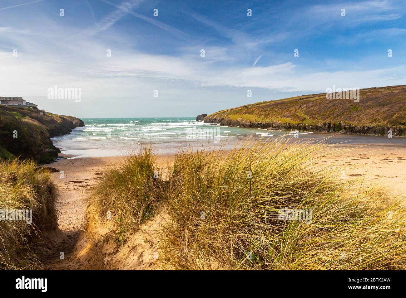 Overlooking Porthcothan Beach on the north Cornish Coast. Cornwall England UK Europe Stock Photo