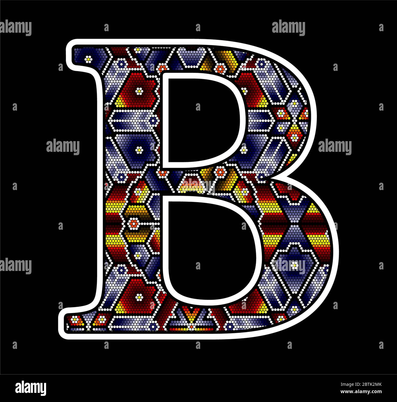 initial capital letter b with colorful dots. Abstract design inspired in mexican huichol beaded craft art style. Isolated on black background Stock Vector