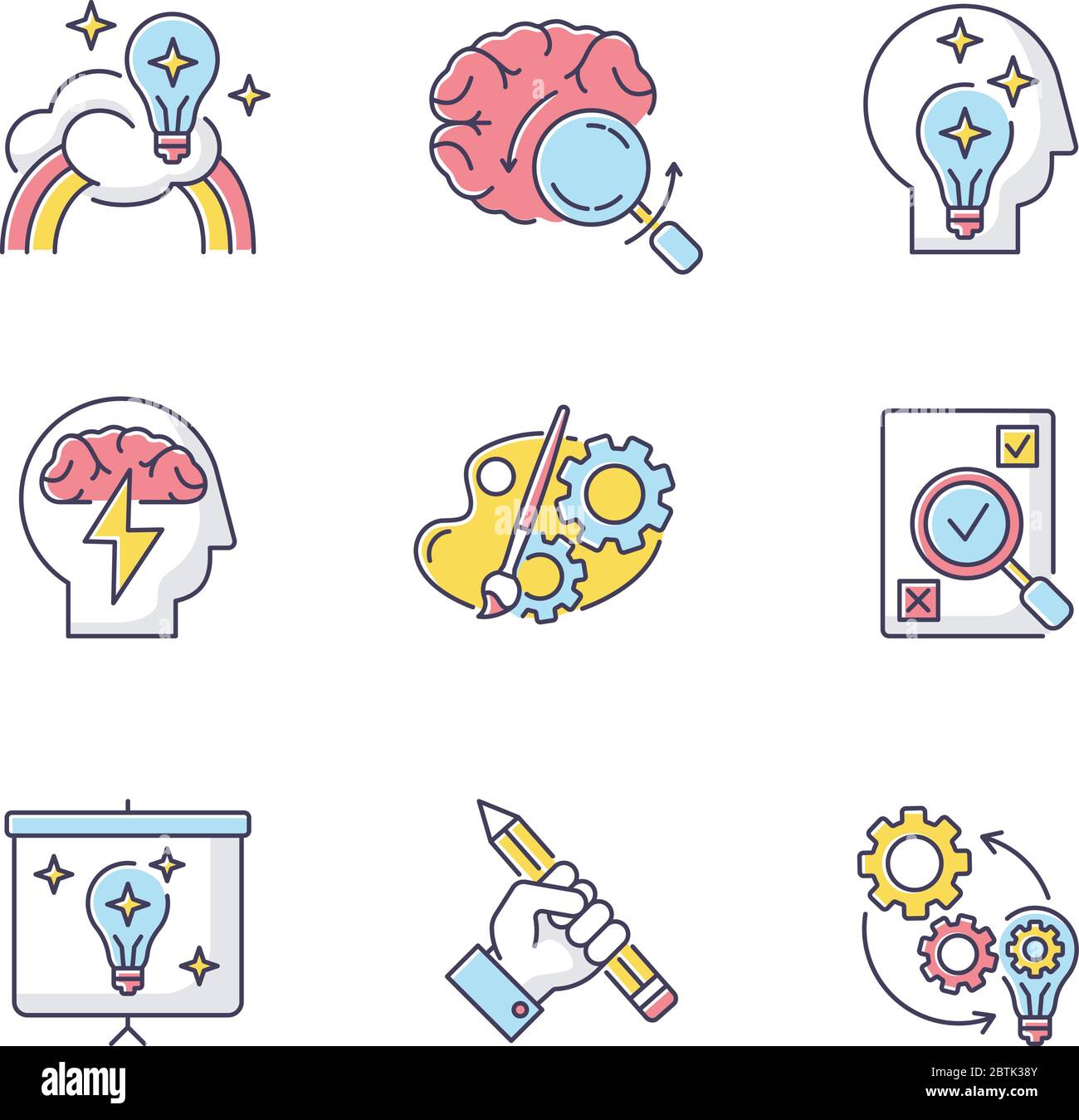 Creative mind workflow RGB color icons set Stock Vector