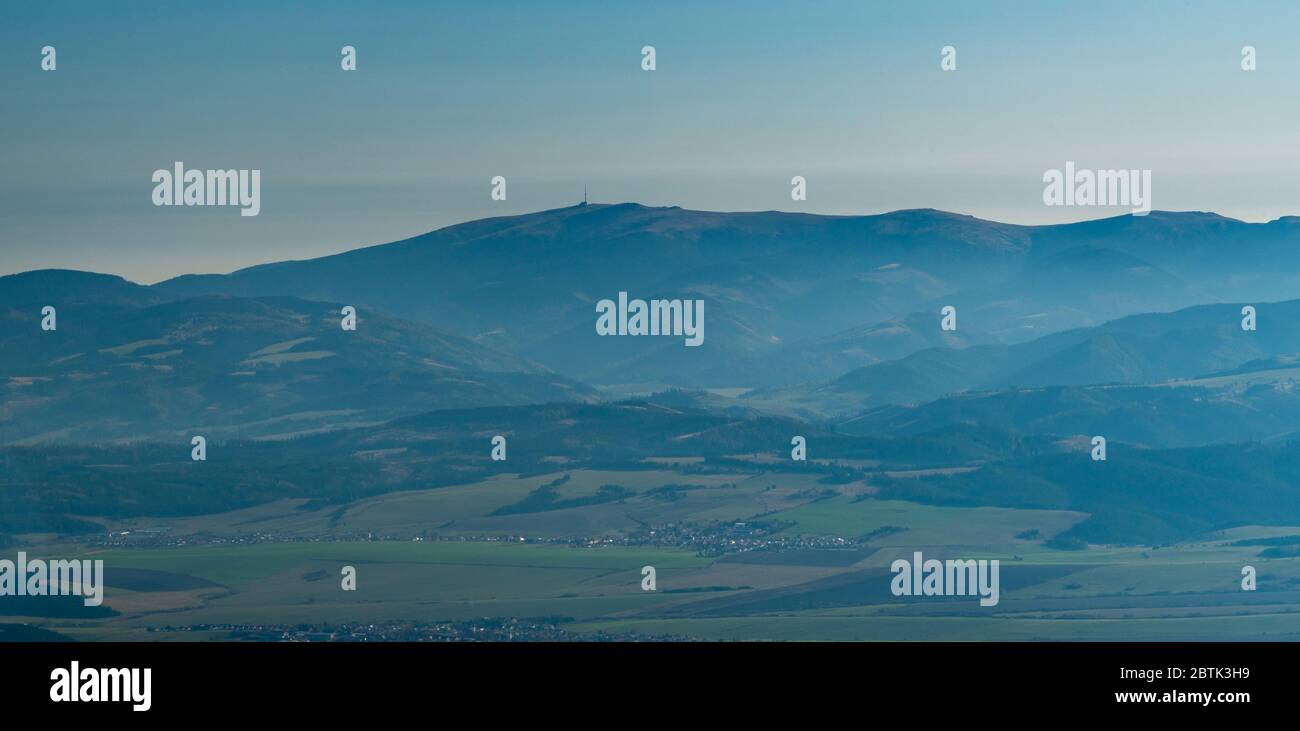 Eastern part of Nizke Tatry mountains with Kralova hola hill from hiking trail near Chata pod Soliskom in Vysoke Tatry mountains in Slovakia during be Stock Photo