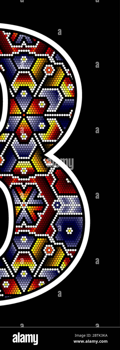number 3 with colorful dots. Abstract design inspired in mexican huichol beaded art style. Isolated on black background Stock Vector