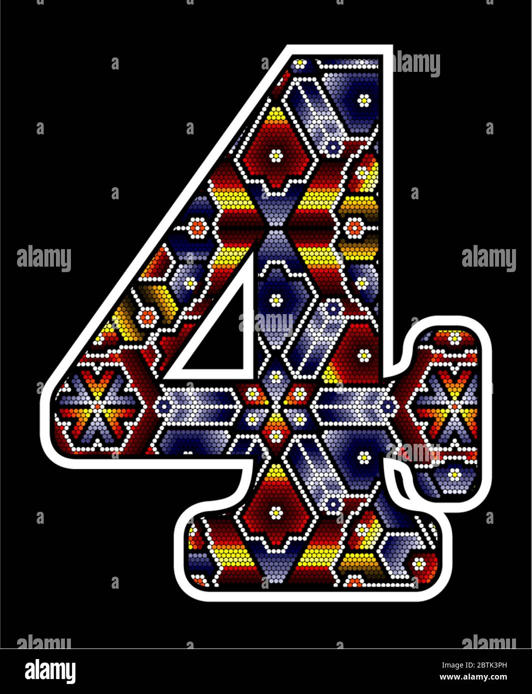 number 4 with colorful dots. Abstract design inspired in mexican huichol beaded art style. Isolated on black background Stock Vector