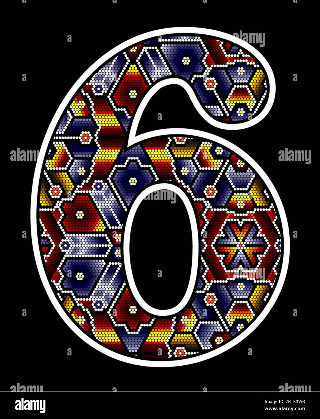 number 6 with colorful dots. Abstract design inspired in mexican huichol beaded art style. Isolated on black background Stock Vector