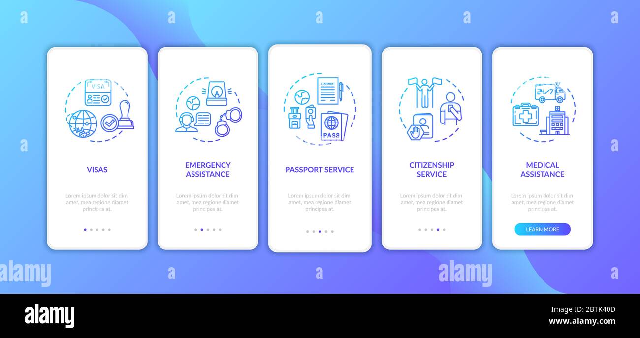 Embassy aid onboarding mobile app page screen with concepts Stock Vector