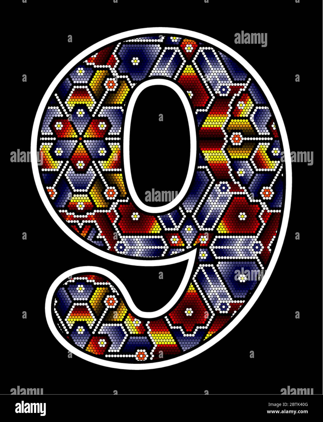 number 9 with colorful dots. Abstract design inspired in mexican huichol beaded art style. isolated on black background Stock Vector