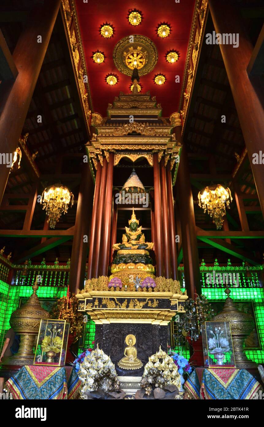 Replica of the emerald buddha, exposed in the Haw Phra Yoke of Wat Phra Kaew in Ching Rai Stock Photo