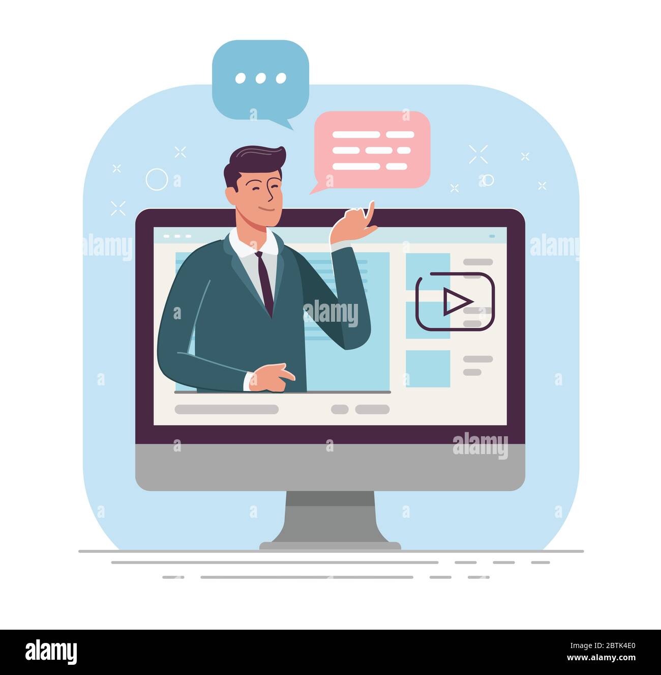 Business online, webinar.Businessman is broadcasting live from monitor screen vector illustration Stock Vector