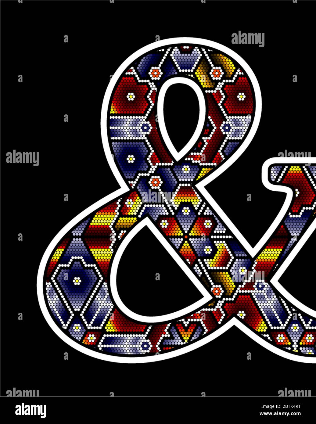 ampersand symbol with colorful dots. Abstract design inspired in mexican huichol beaded craft art style. Isolated on black background Stock Vector