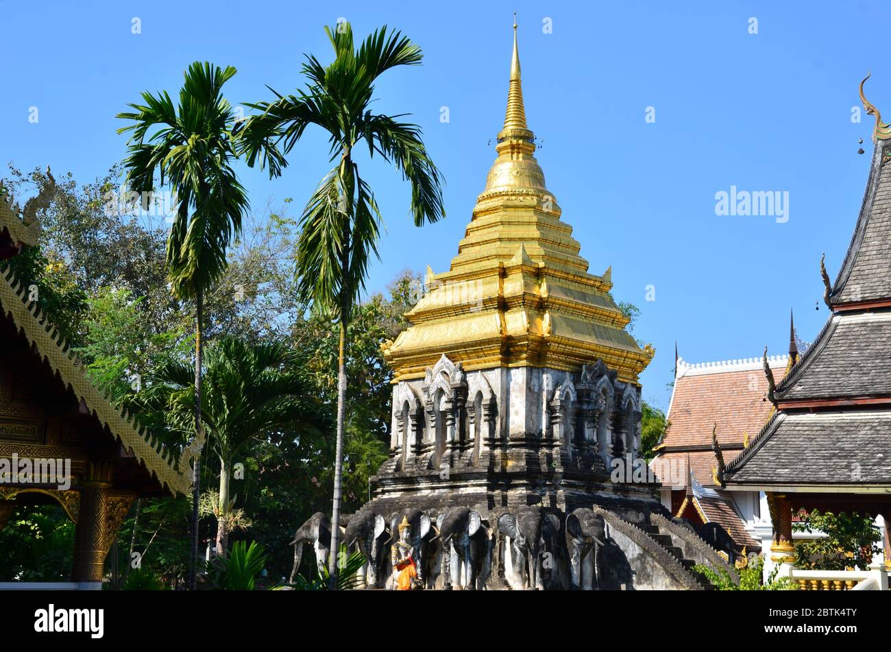 Beautiful old chedi of Wat Chiang Man in Chiang Mai Stock Photo