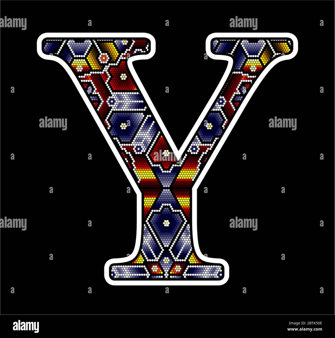 initial capital letter Y with colorful dots. Abstract design inspired in mexican huichol beaded craft art style. Isolated on black background Stock Vector