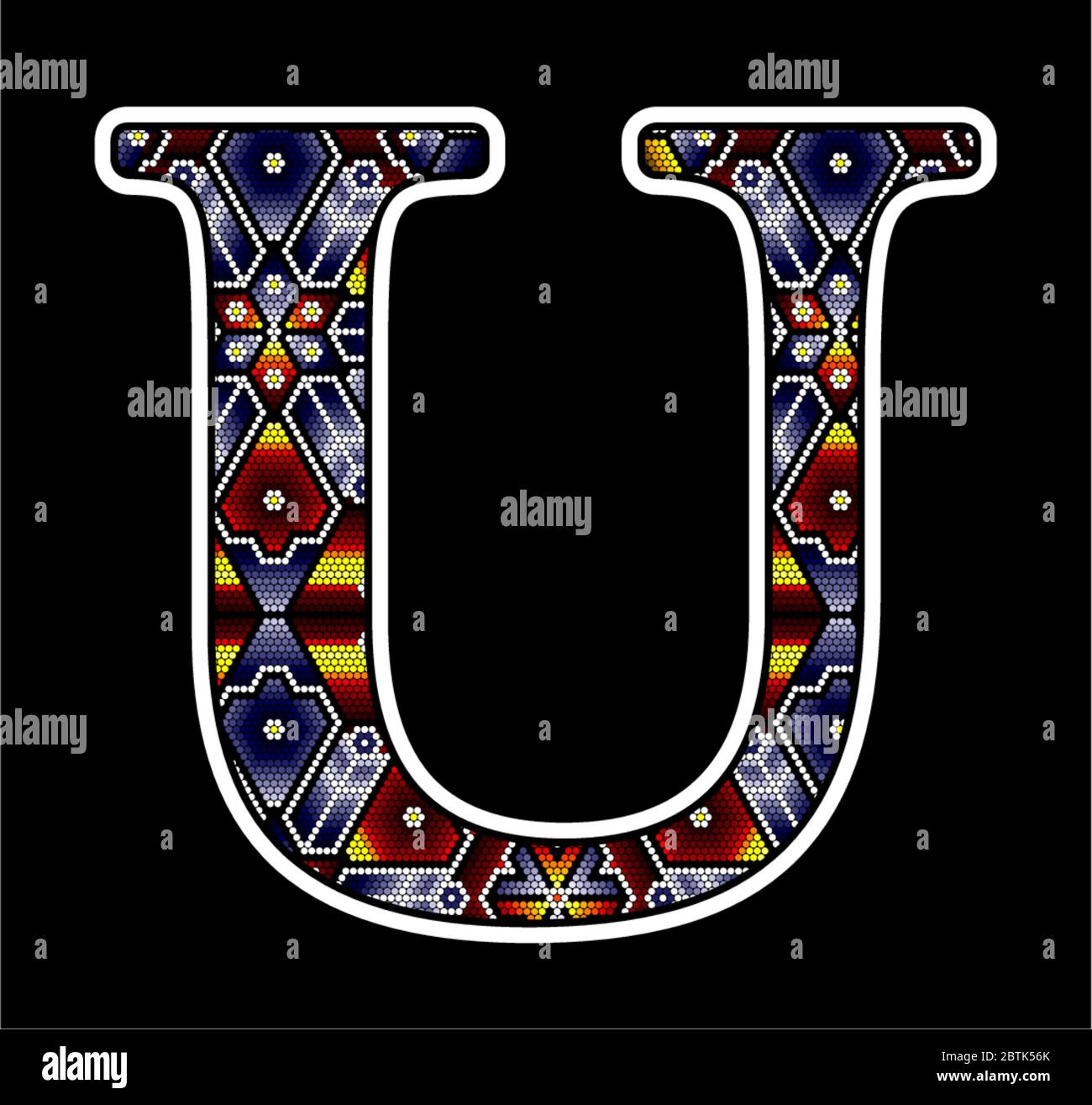 initial capital letter U with colorful dots. Abstract design inspired in mexican huichol beaded craft art style. Isolated on black background Stock Vector