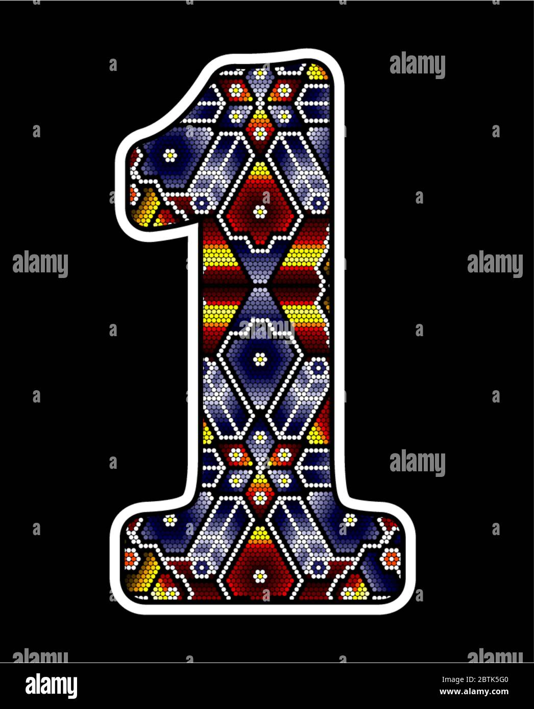number 1 with colorful dots. Abstract design inspired in mexican huichol beaded art style. Isolated on black background Stock Vector