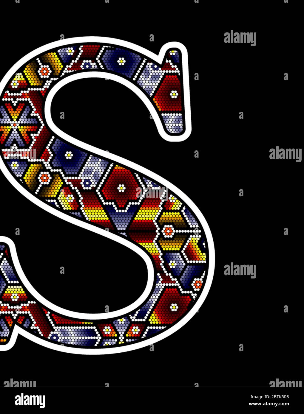 initial capital letter S with colorful dots. Abstract design inspired in mexican huichol beaded craft art style. Isolated on black background Stock Vector