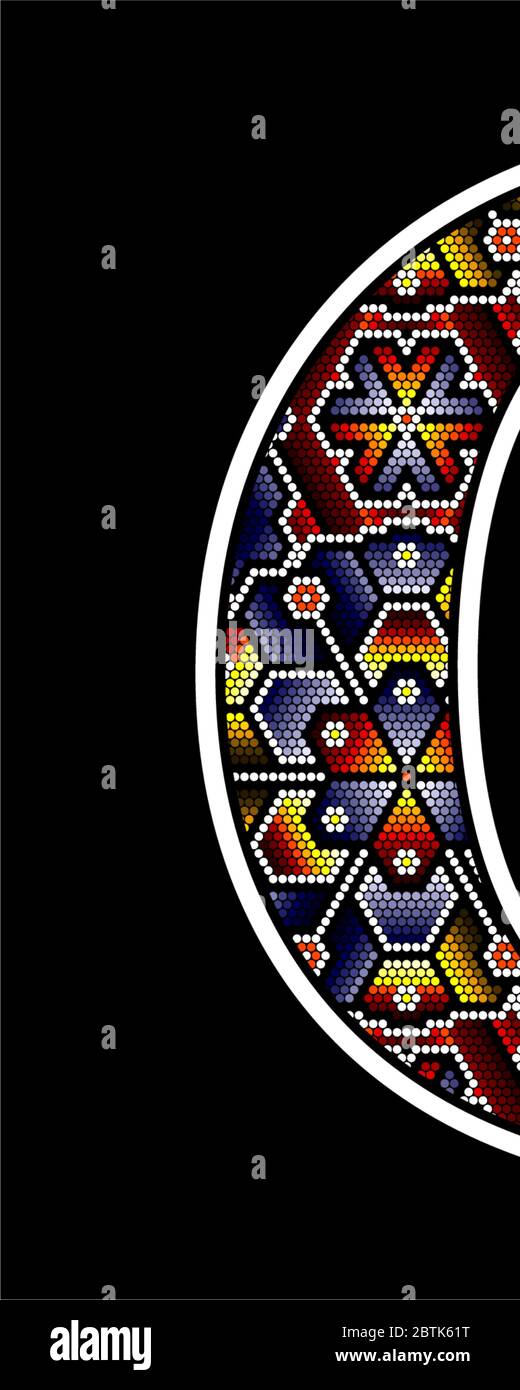 initial capital letter C with colorful dots. Abstract design inspired in mexican huichol beaded craft art style. Isolated on black background Stock Vector
