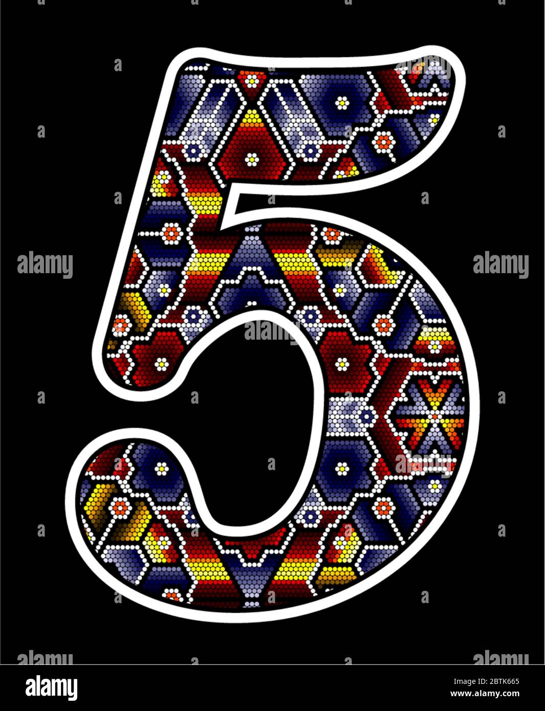 number 5 with colorful dots. Abstract design inspired in mexican huichol beaded art style. Isolated on black background Stock Vector