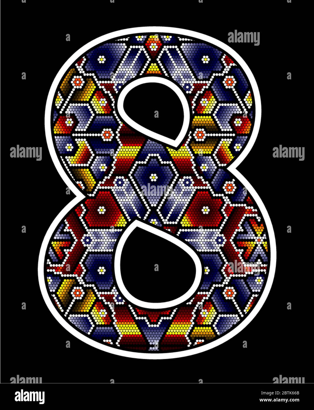 number 8 with colorful dots. Abstract design inspired in mexican huichol beaded art style. isolated on black background Stock Vector