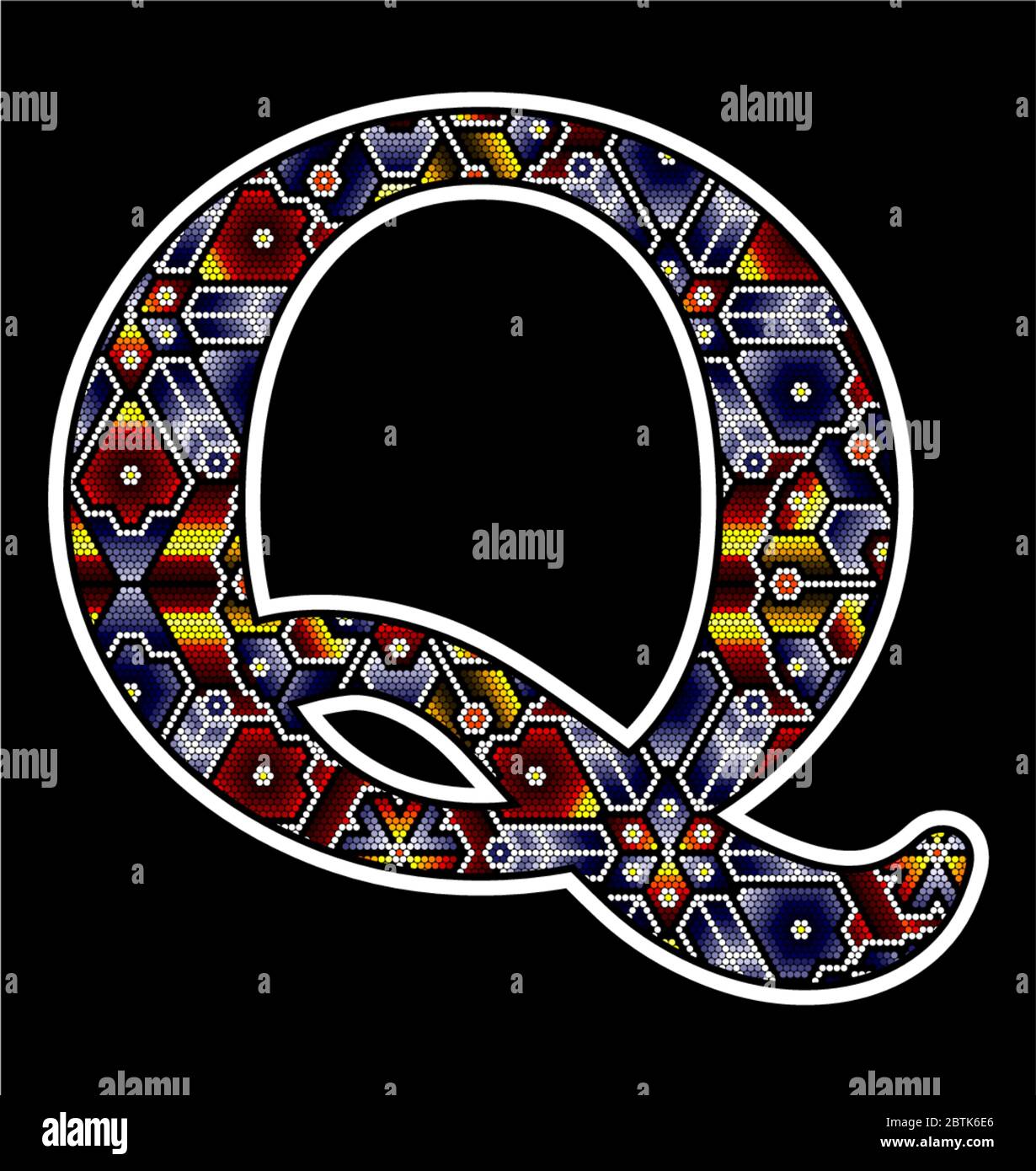 initial capital letter Q with colorful dots. Abstract design inspired in mexican huichol beaded craft art style. Isolated on black background Stock Vector