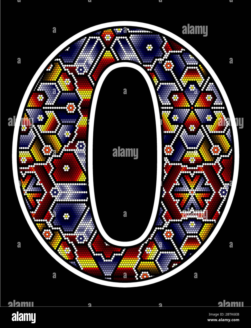 number 0 with colorful dots. Abstract design inspired in mexican huichol beaded art style. Isolated on black background Stock Vector