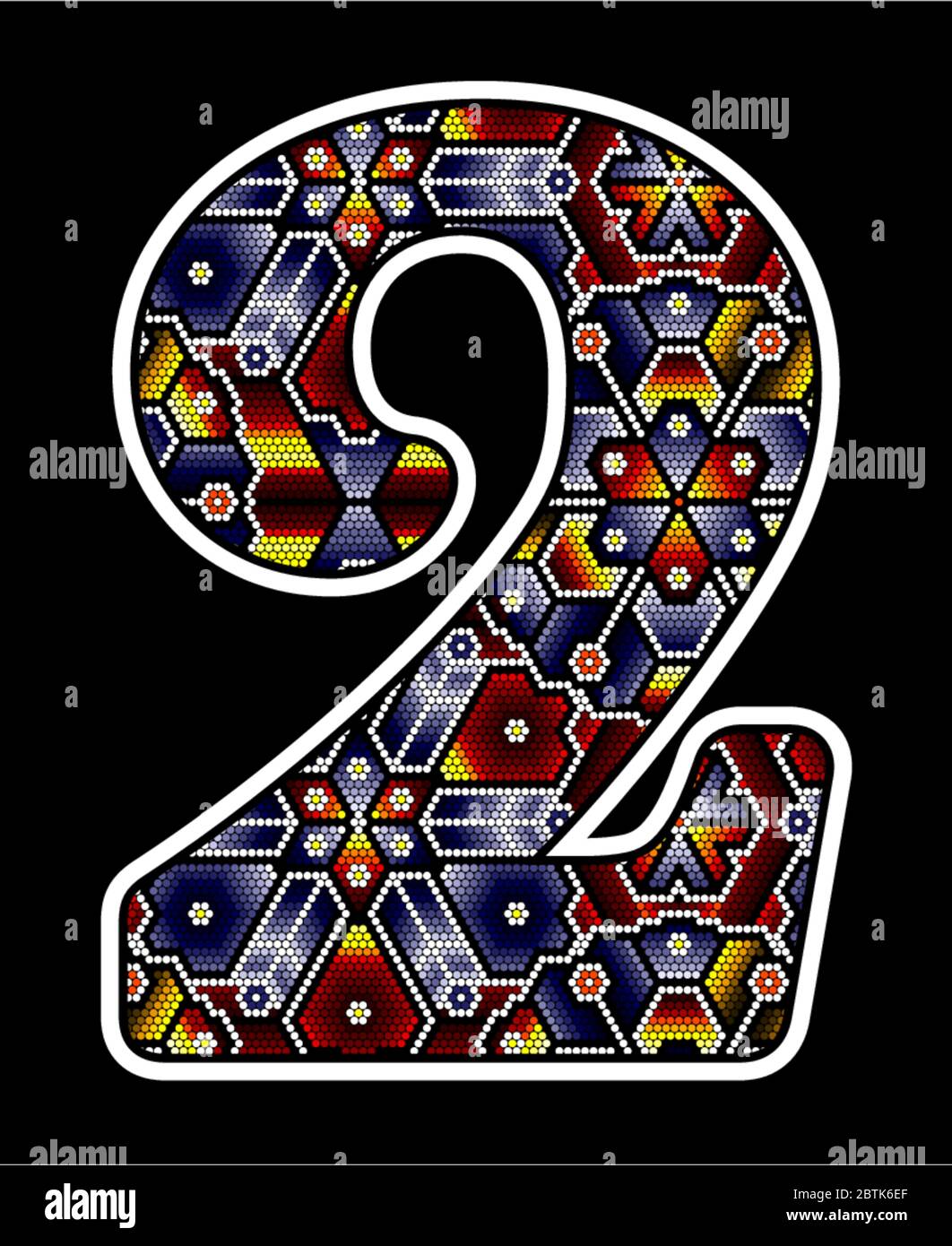 number 2 with colorful dots. Abstract design inspired in mexican huichol beaded art style. Isolated on black background Stock Vector