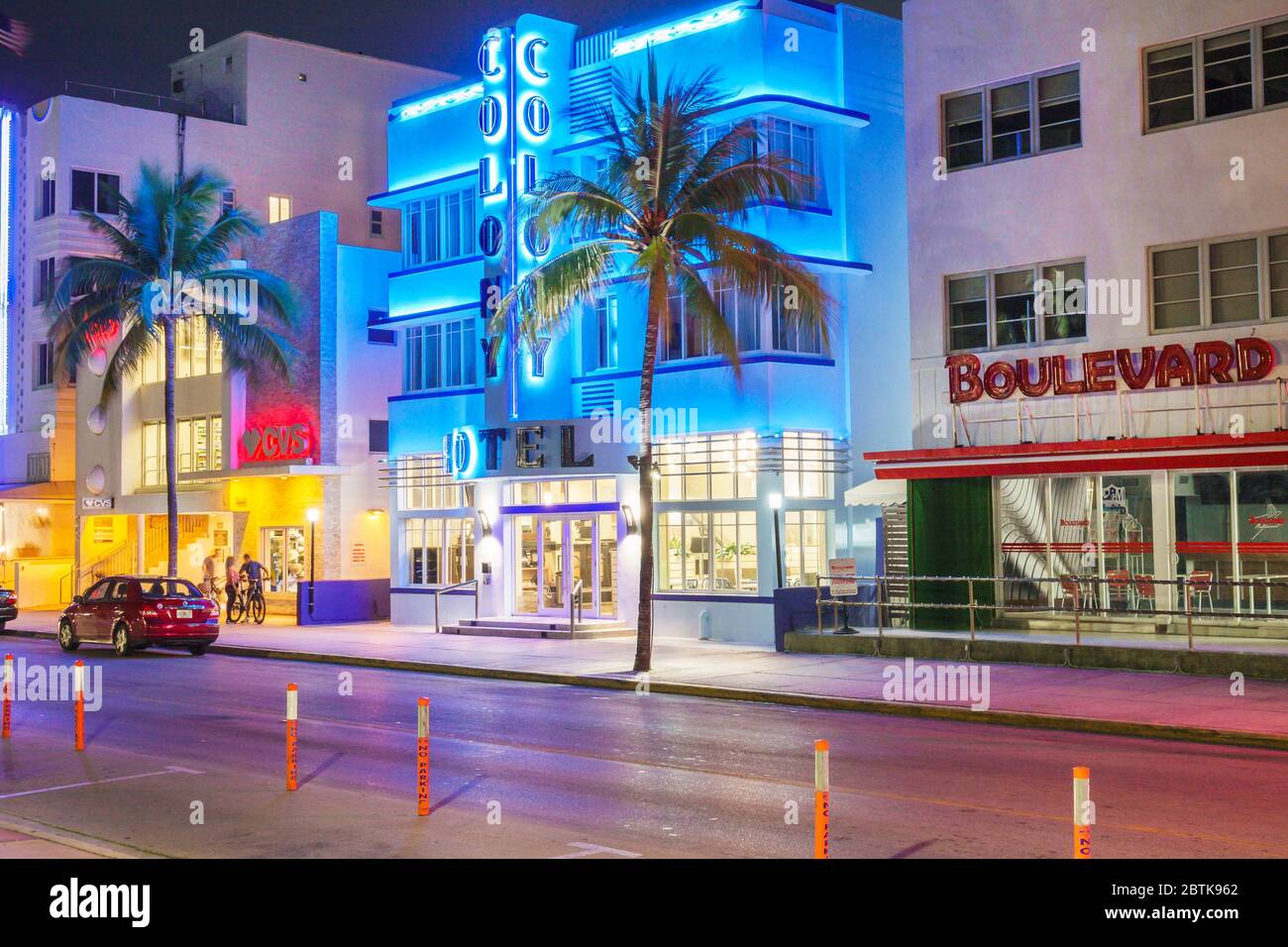 Miami Beach Florida,Ocean Drive,night,vacant empty,Covid-19 coronavirus pandemic crisis illness,before during then now comparison,FL200520009 Stock Photo