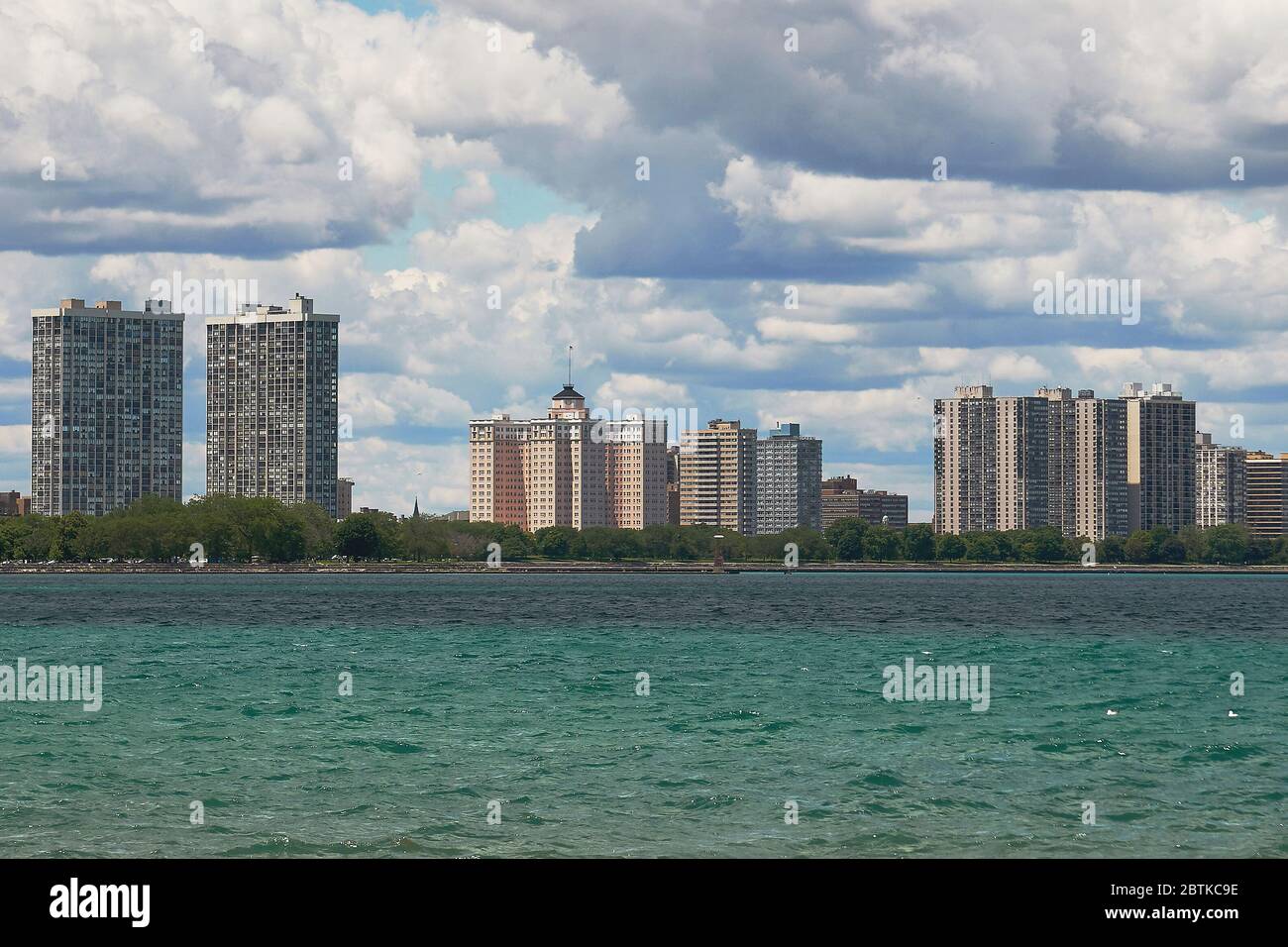 view of Chicago north shore, looking across Lake Michigan Stock Photo