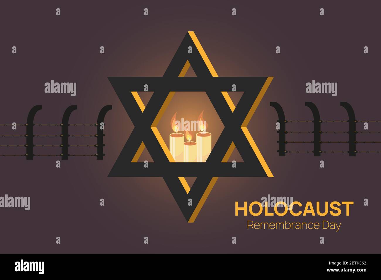 Holocaust Remembrance Day 27th of January Template. Jewish Star of David and Three Candles among barbed wire. Vector illustration Stock Vector