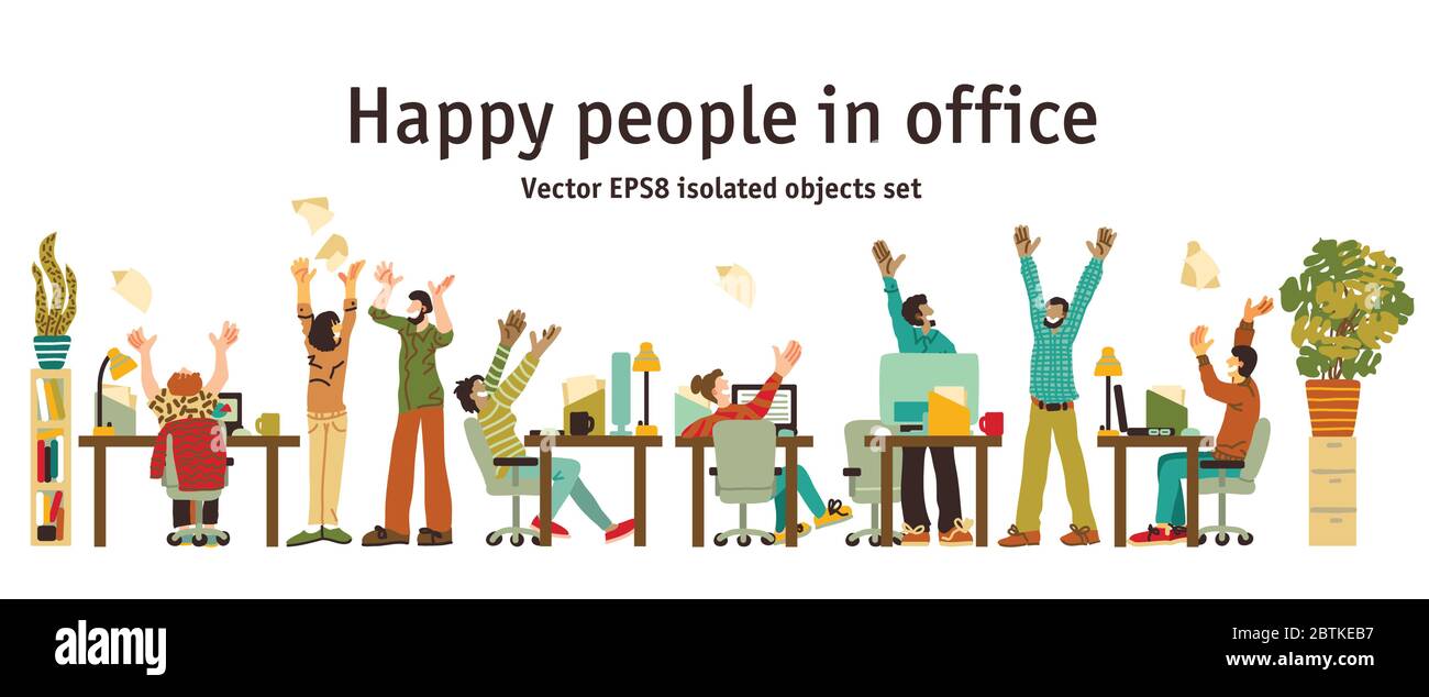 Different happy people in office isolated objects Stock Vector