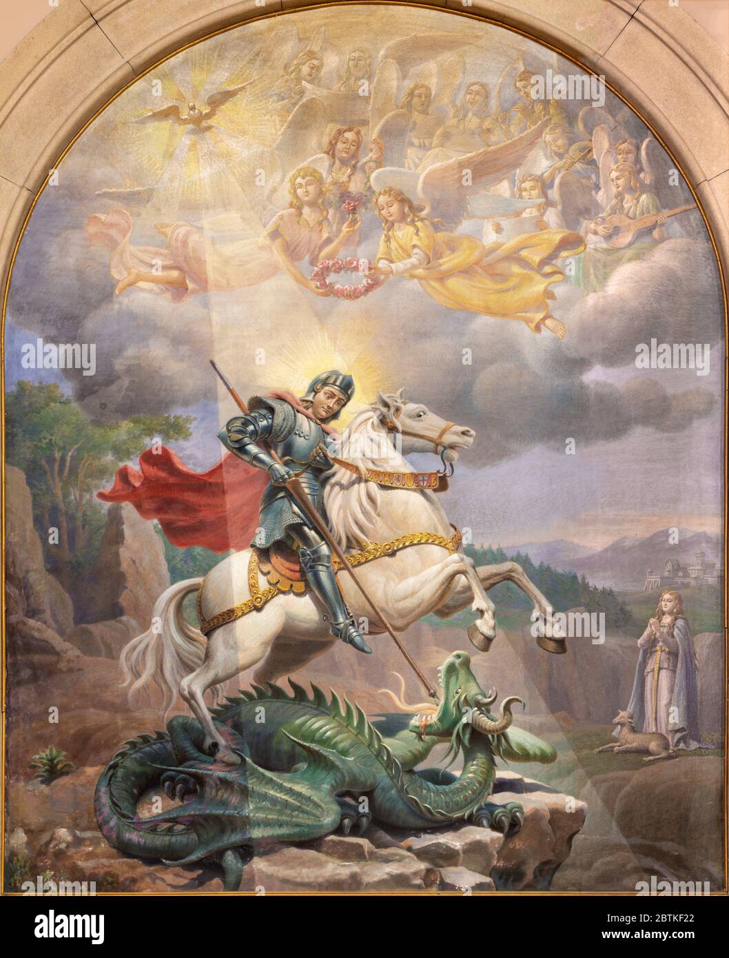 BARCELONA, SPAIN - MARCH 3, 2020: The painting of St. George in the church Iglesia del Perpetuo Socorro by Josep Mestres Cabanes (1958). Stock Photo