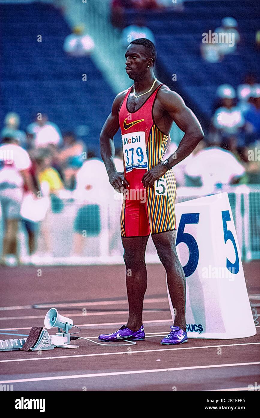 Sequence of Michael Johnson (USA) starting  the 400 meters Final at the 1996 US OLympic Track and Field Team Trials SEQ1_1 of 12 Stock Photo