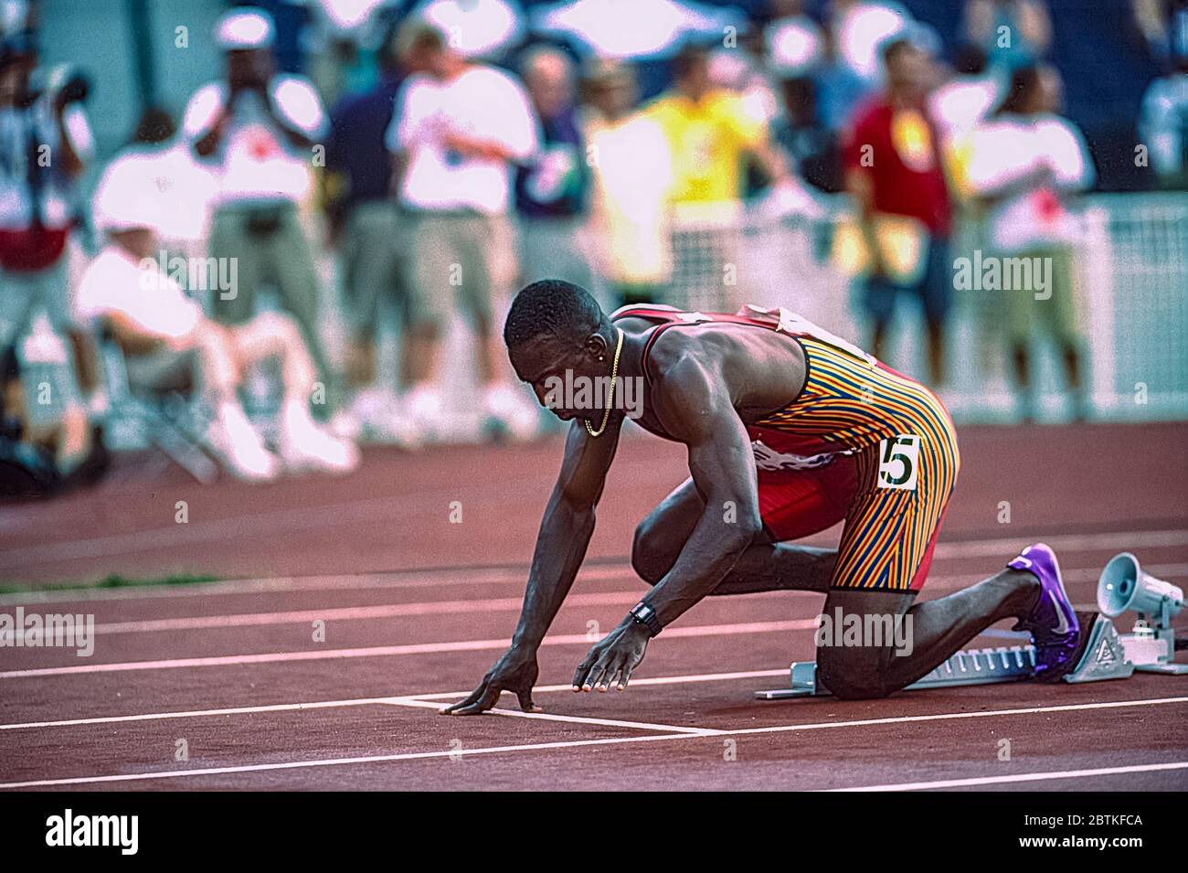 Sequence of Michael Johnson (USA) starting  the 400 meters Final at the 1996 US OLympic Track and Field Team Trials SEQ1 3 of 12 Stock Photo