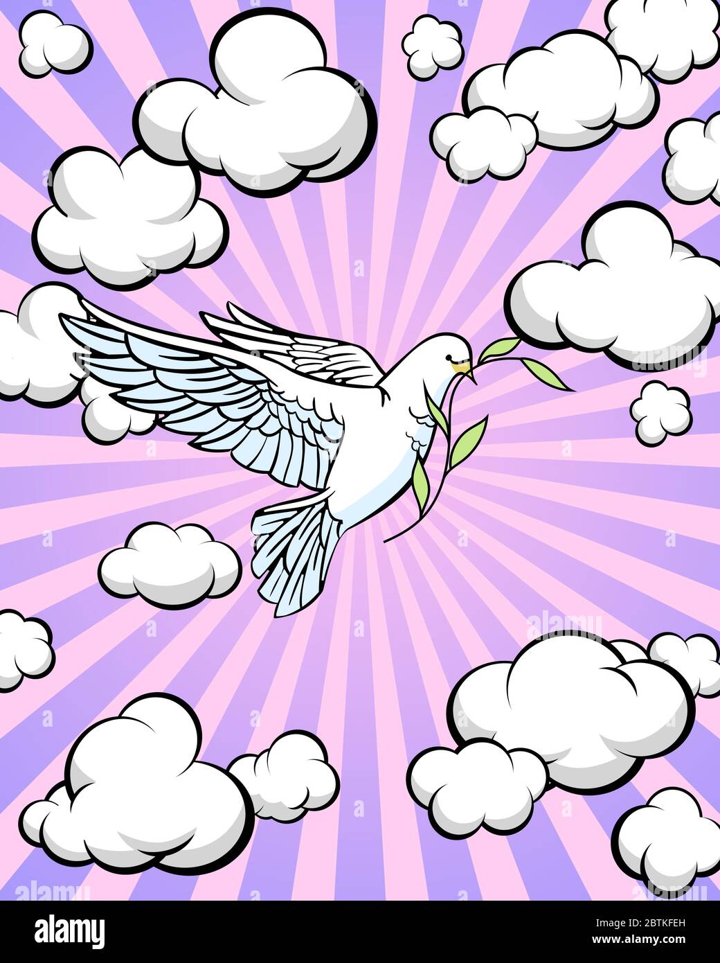 White dove against the sky. Olive branch. Bible story. Vector