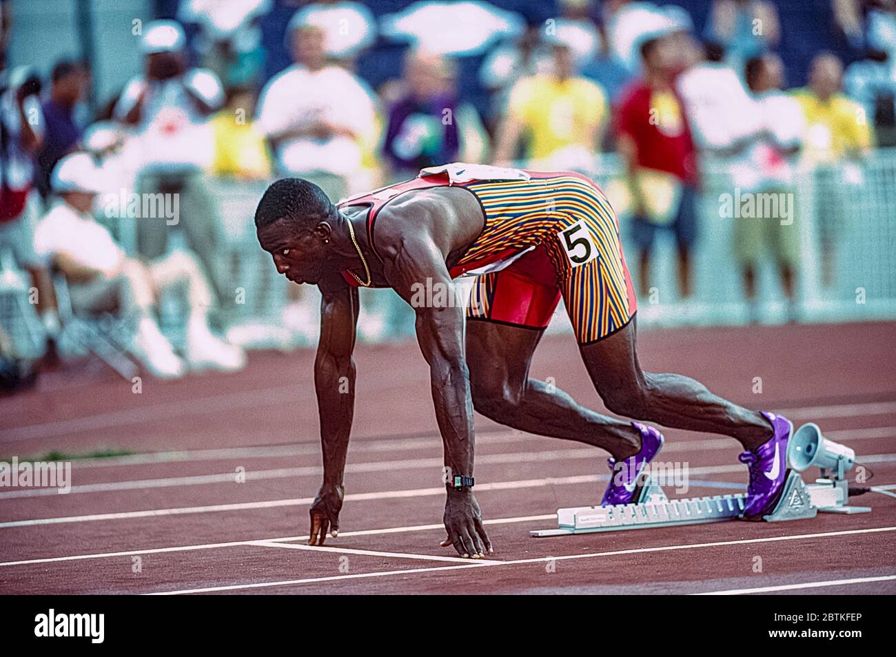Sequence of Michael Johnson (USA) starting  the 400 meters Final at the 1996 US OLympic Track and Field Team Trials SEQ1_9 of 12 Stock Photo