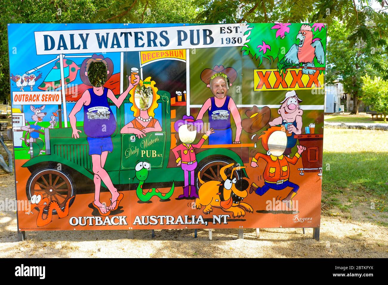 Funny cartoon board advertising for Daly Waters Pub, Northern Territory, NT, Australia Stock Photo