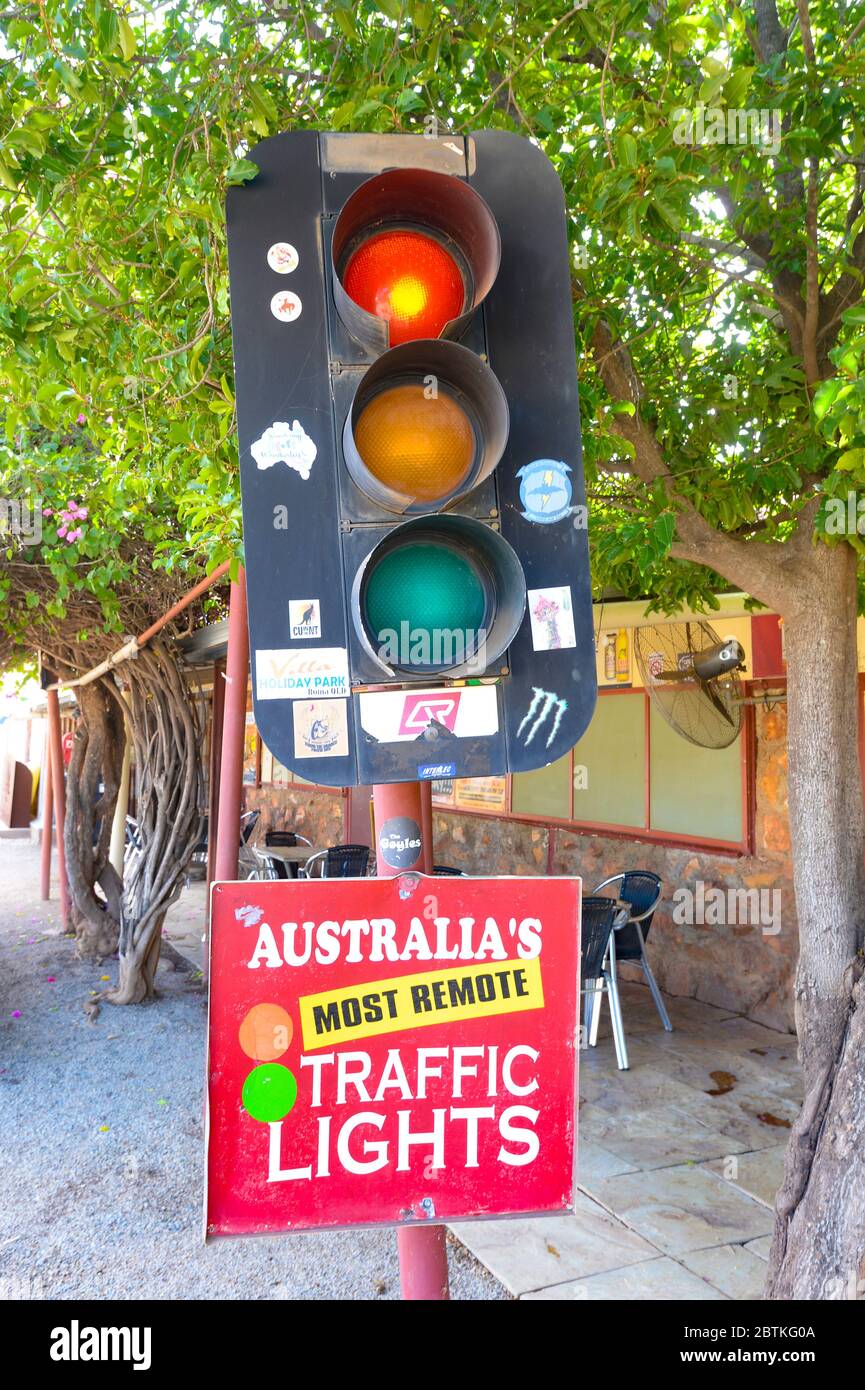 Australia most remote traffic lights outside the renowned Daly Waters Pub, Northern Territory, NT, Australia Stock Photo