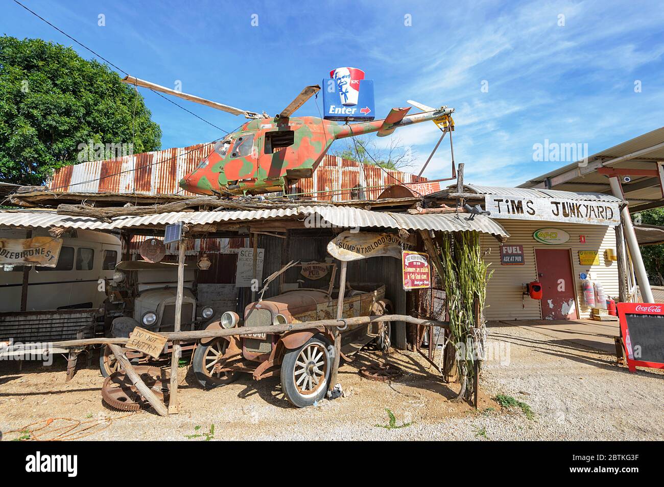 Tim's Junkyard is a petrol station in the small village of Daly Waters along the Stuart Highway, Northern Territory, NT, Australia Stock Photo