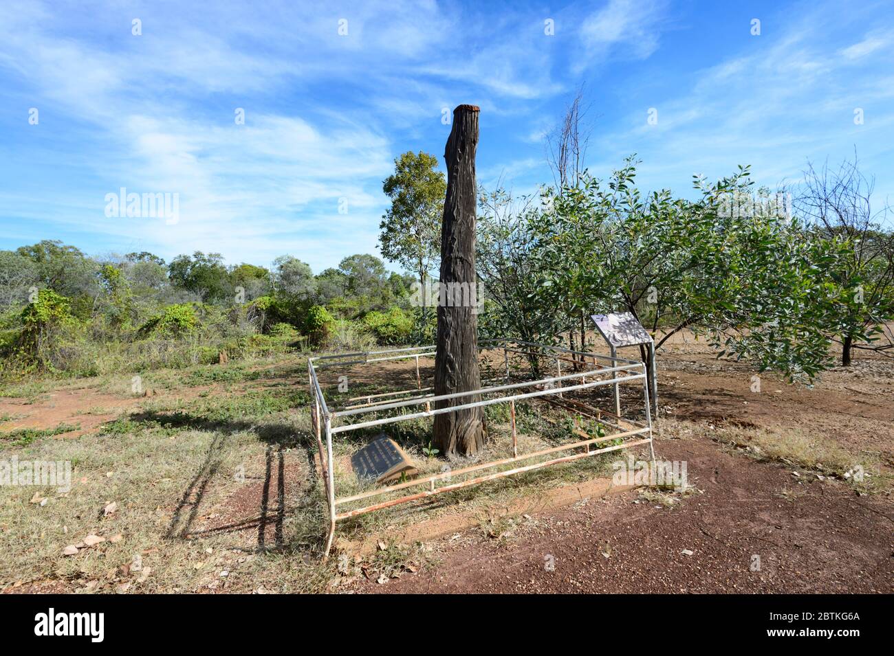 The explorer John McDouall Stuart is presumed to have carved the initial 'S' on this tree, Daly Waters, Northern Territory, NT, Australia Stock Photo