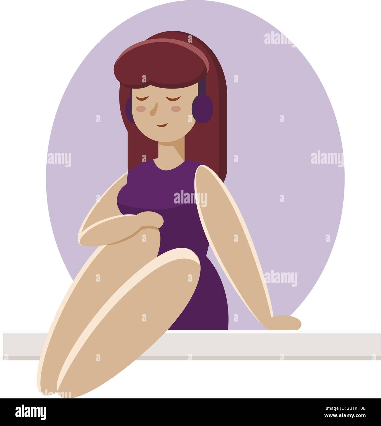 The girl in the headphones sits on the windowsill. A young woman listens to music. Stock Vector