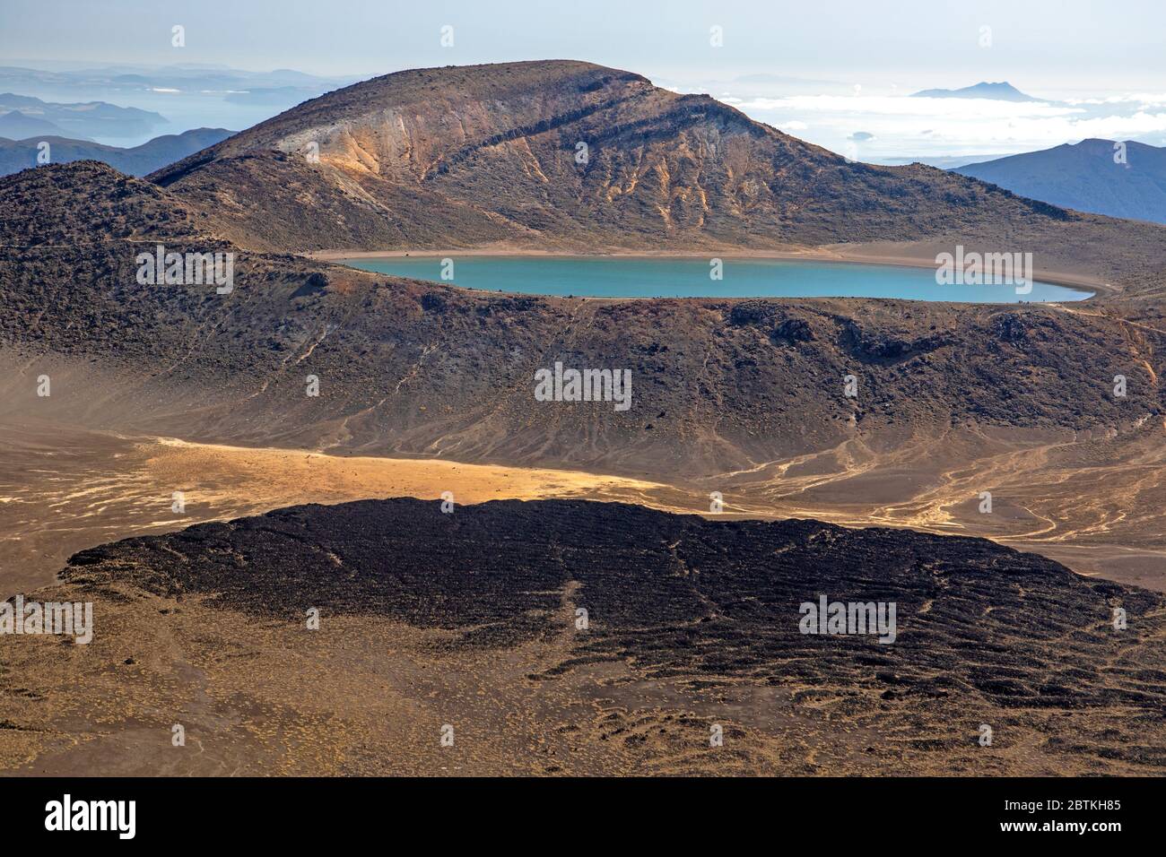The Central Crater and Blue Lake in Tongariro National Park Stock Photo