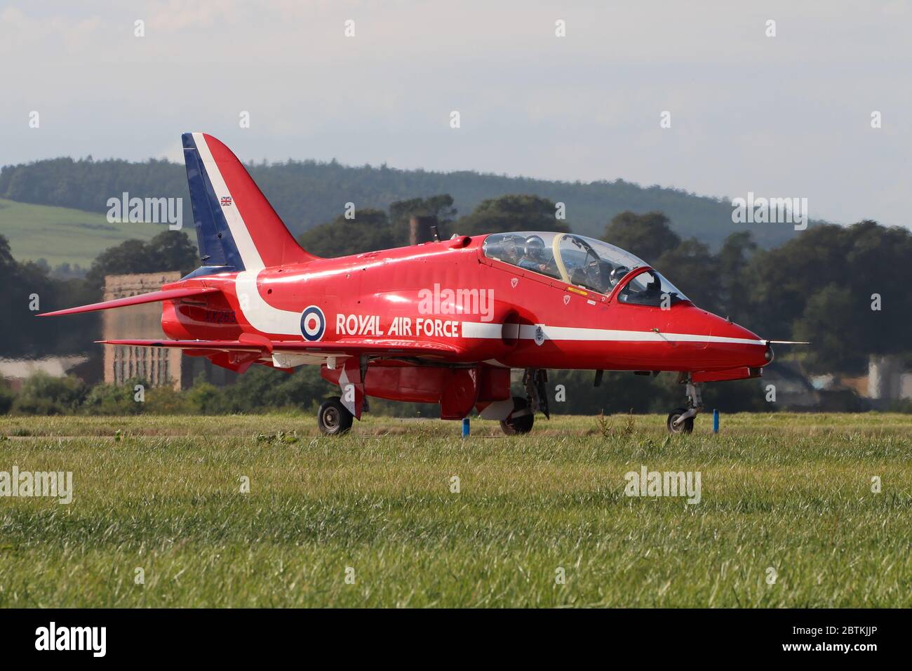XX266, a BAe Hawk T1 of the Royal Air Force aerobatic display team, the Red Arrows, at RAF Leuchars in 2013. Stock Photo