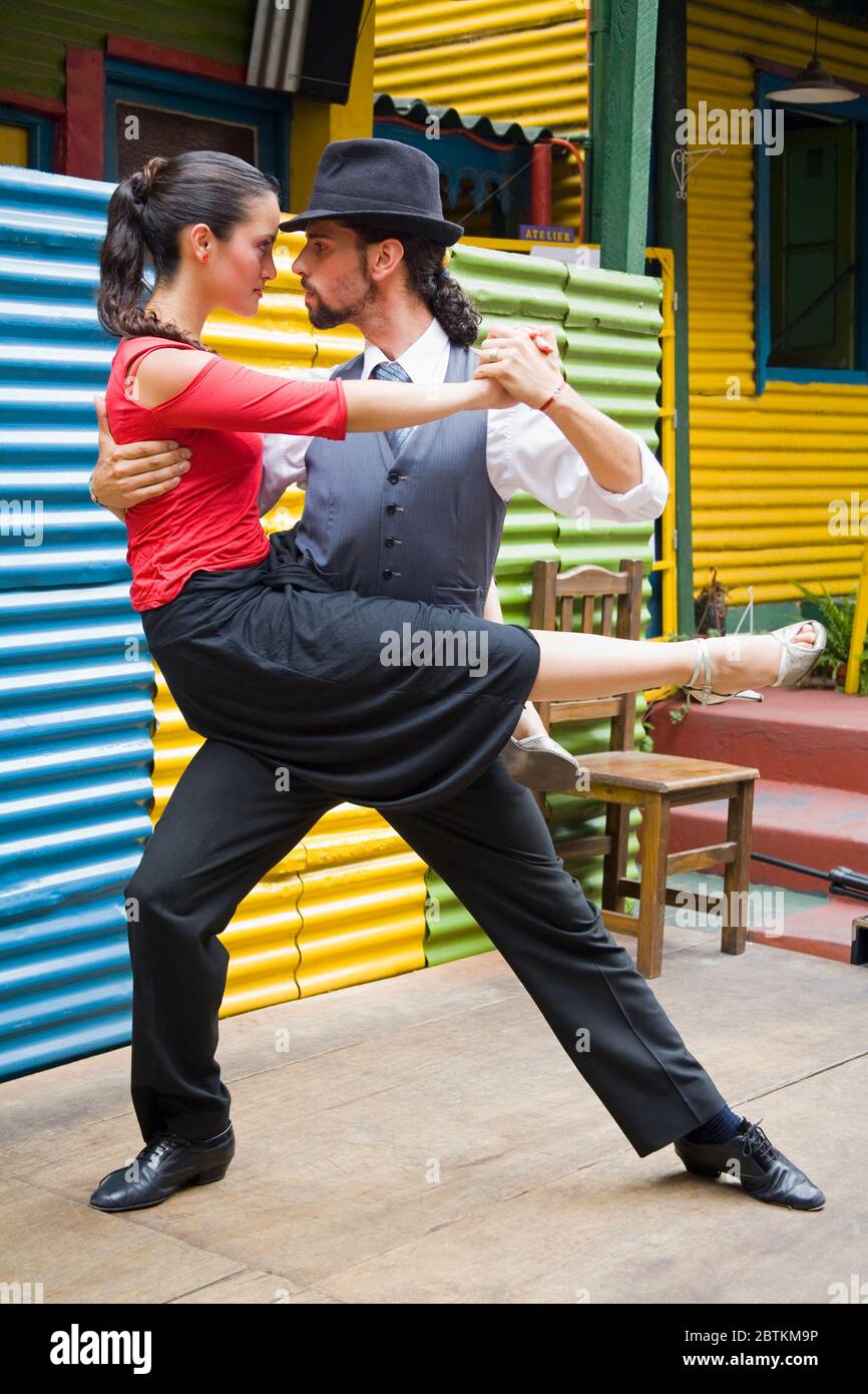 Tango dancers on El Caminito street in La Boca District of Buenos Aires, Argentina, South America Stock Photo