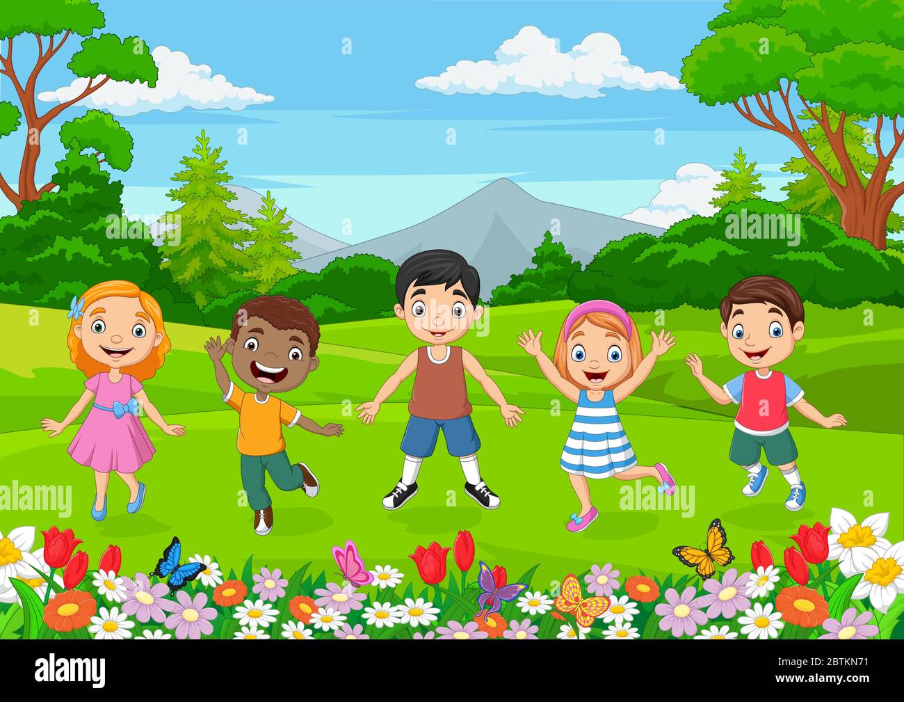 Happy children jumping in the jungle background Stock Vector Image