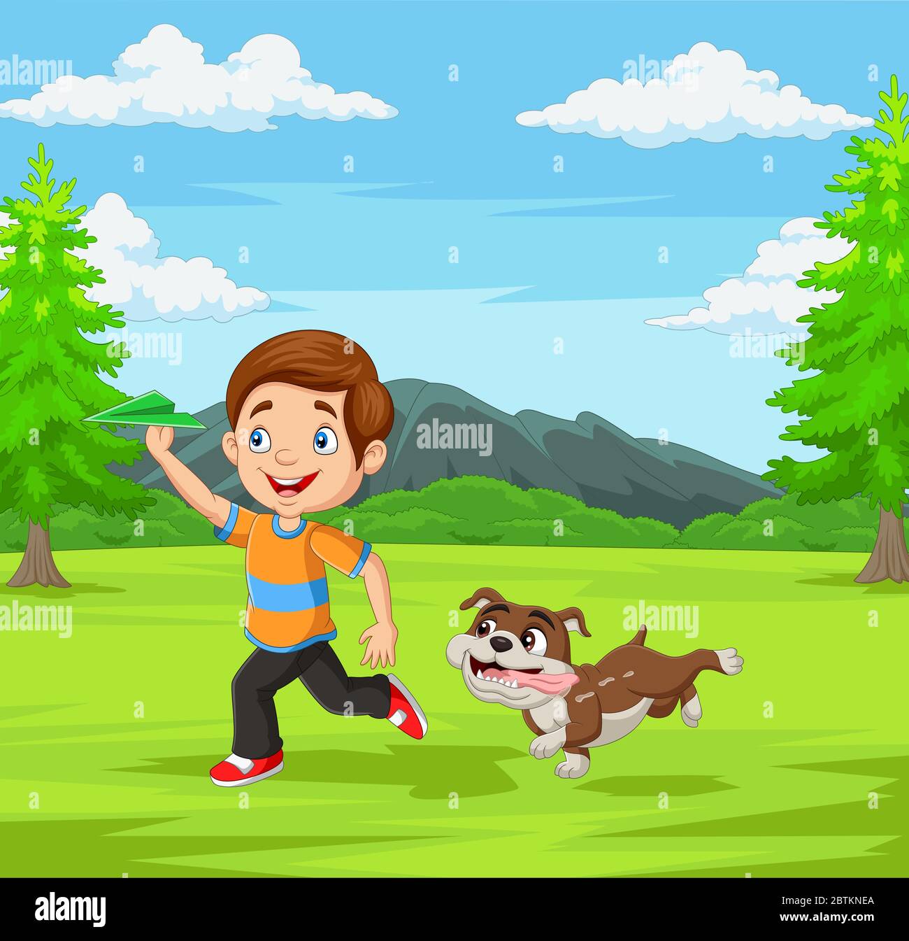 Happy boy playing paper airplane with his pet in the park Stock Vector ...